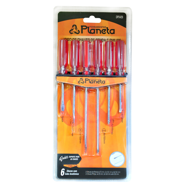 Jogo de Chaves Fenda e Philips c/ 6 Peças + Suporte