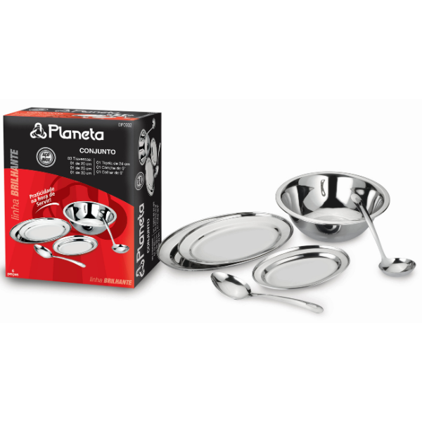 Conjunto 6 Peças Tigelas, Travessas, Concha e Colher Brilhante Inox